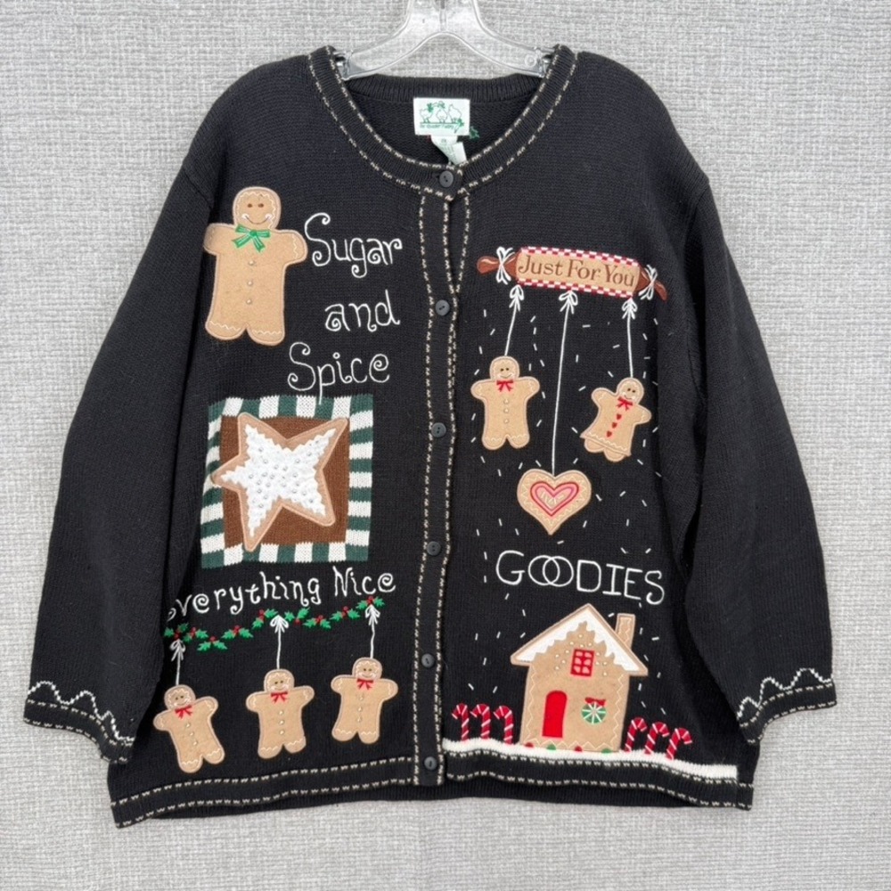 Vtg Quacker Factory Gingerbread Christmas Cardigan Women 2X Ugly Sweater